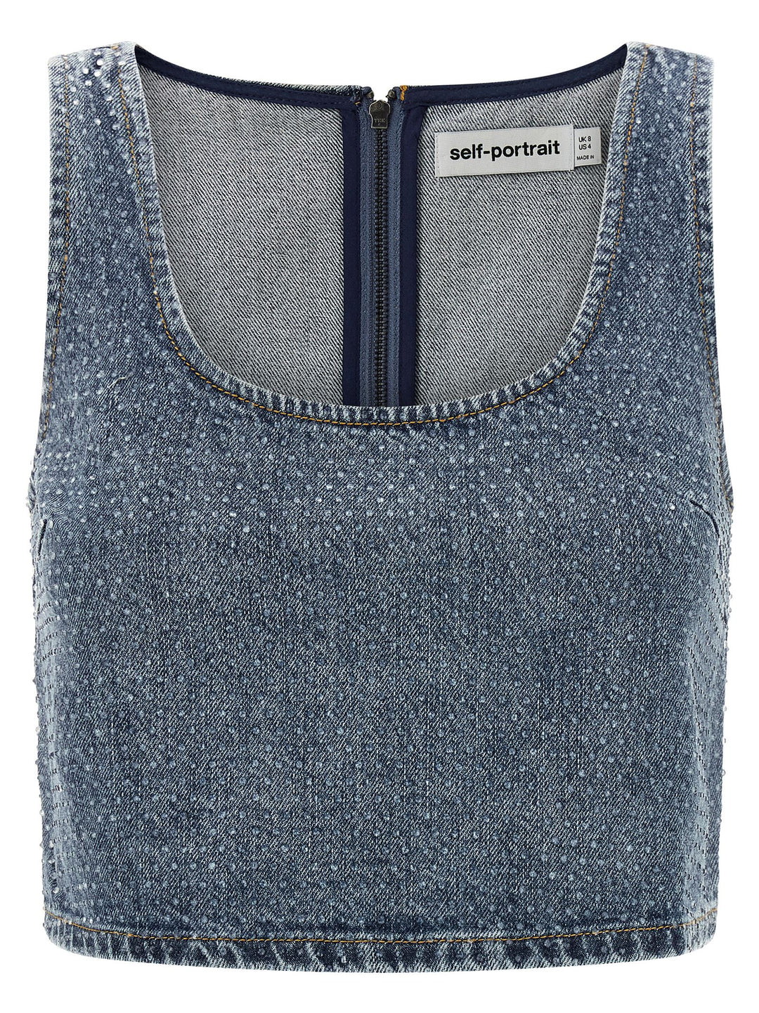 Self Portrait Rhinestone Denim Crop Tops - Blue | bc52a9e35f6118acba53341a0c1d710714dc8f6a