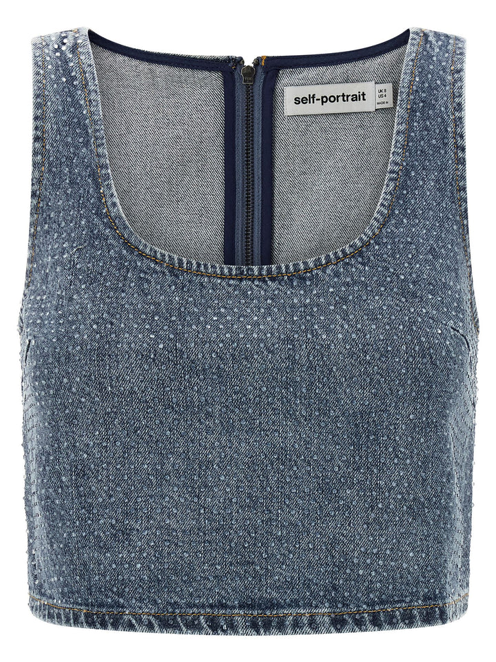 Self Portrait Rhinestone Denim Crop Tops - Blue | bc52a9e35f6118acba53341a0c1d710714dc8f6a