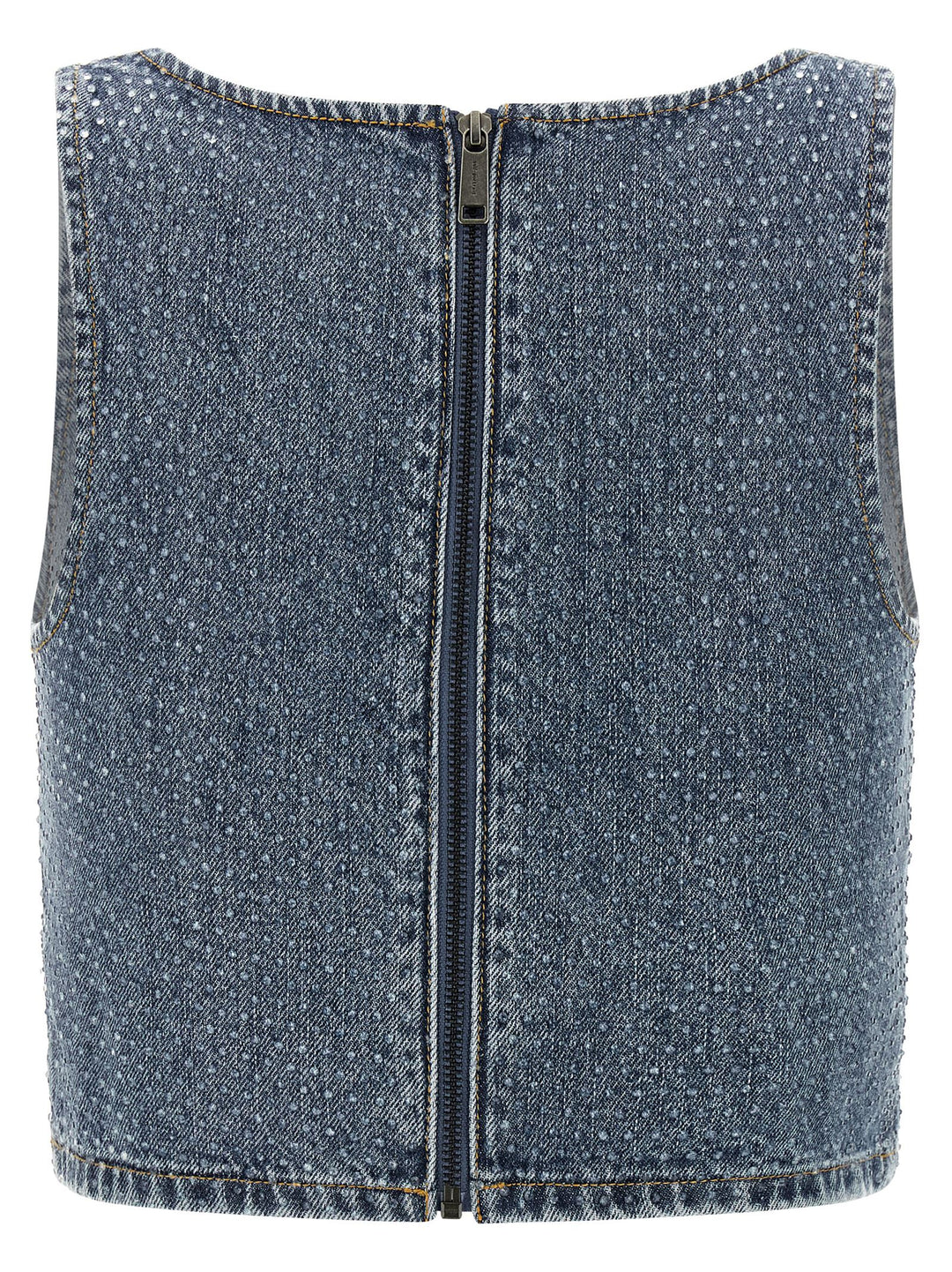 Self Portrait Rhinestone Denim Crop Tops - Blue | f2d864fb9ebd99207553f29172f18e2e7150afe8