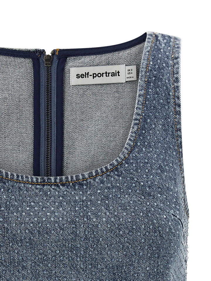 Self Portrait Rhinestone Denim Crop Tops - Blue | 3d603f1bb550dff4b76bf3f977dce6ffff86b0c8