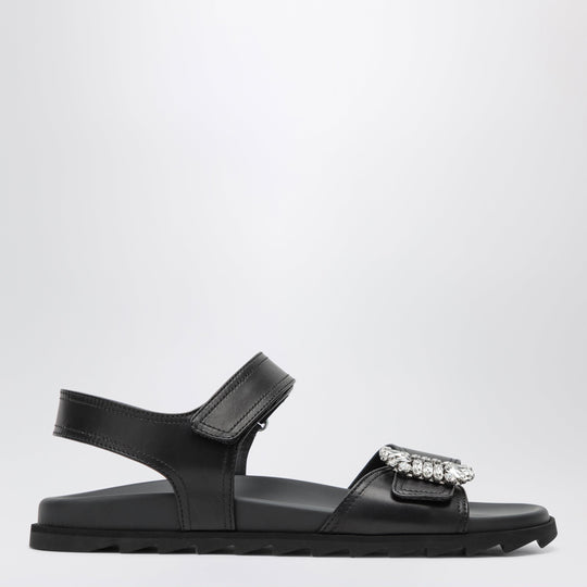 Black Leather Sandals With Crystal Buckle
