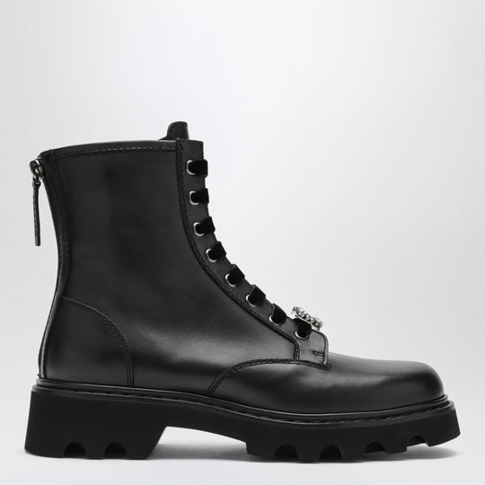 Black Leather Ankle Boots With Rhinestone Buckle