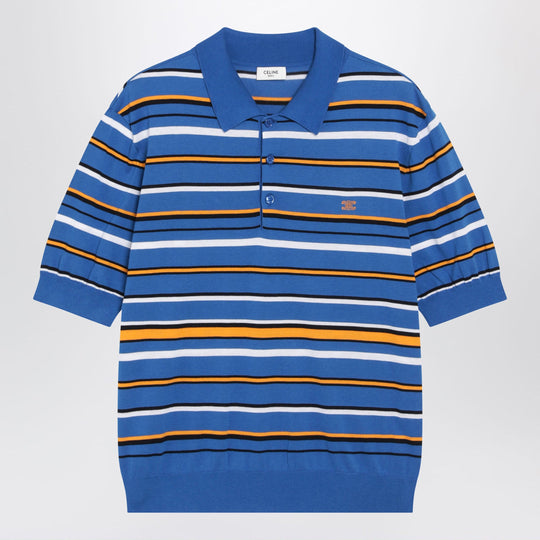 Light Blue Striped Cotton Knit Polo Shirt