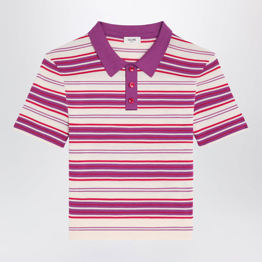 White And Purple Striped Cotton Polo Shirt