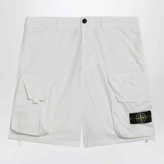 White Cotton And Nylon Ripstop Cargo Shorts