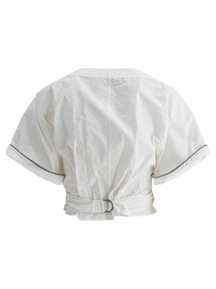 Brunello Cucinelli Kimono Style Top With Shiny Trims Tops - White | 2a1966d27e45f34423efc9743864a552d197002c
