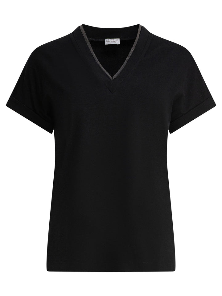 Brunello Cucinelli T-Shirt With Shiny Contour T-shirts - Black | 43495fa3f3f7e9436a8b445e7f39597930b3997f