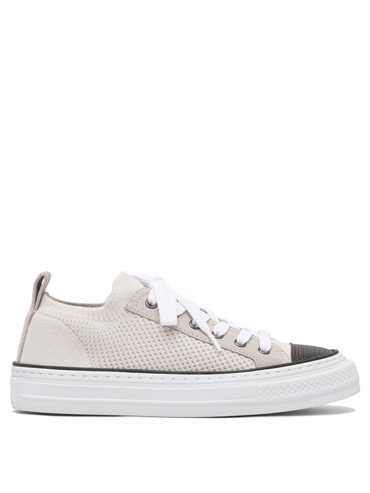 Brunello Cucinelli Cotton Knit And Suede Sneaker With Precious Toe Sneakers & Slip-On - Beige | 6ee6946a1ef4f171cb30b78c6c67245896a2745d