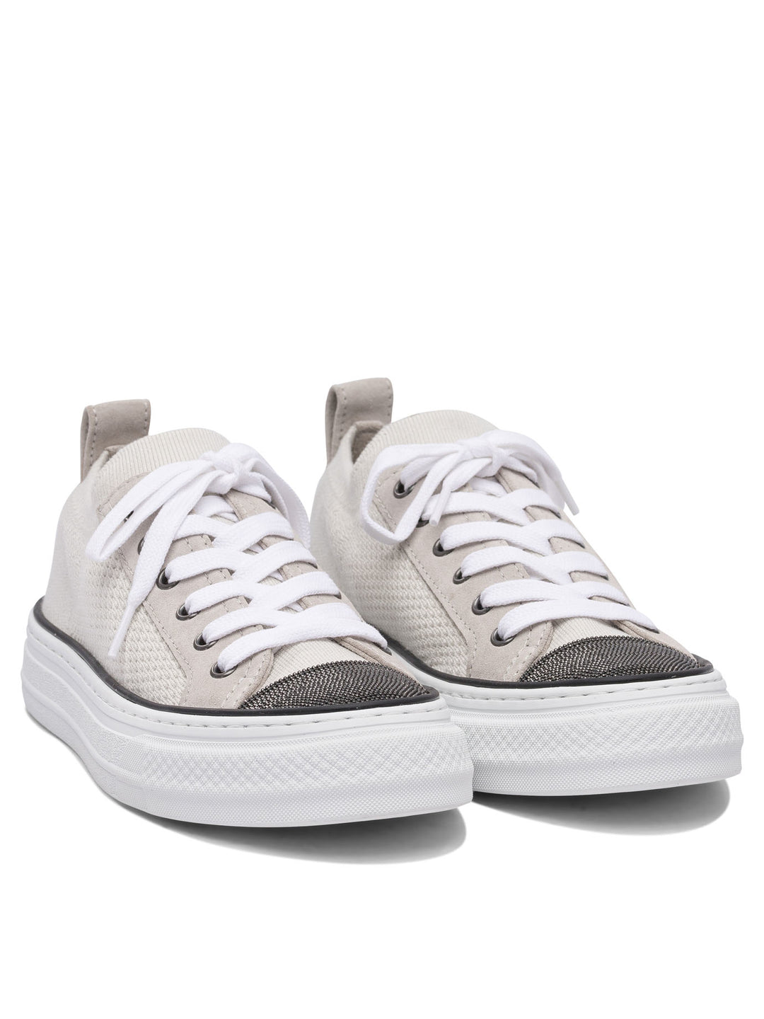 Brunello Cucinelli Cotton Knit And Suede Sneaker With Precious Toe Sneakers & Slip-On - Beige | 005436a673a2487ab0124f92fae98ac3a7c237f2
