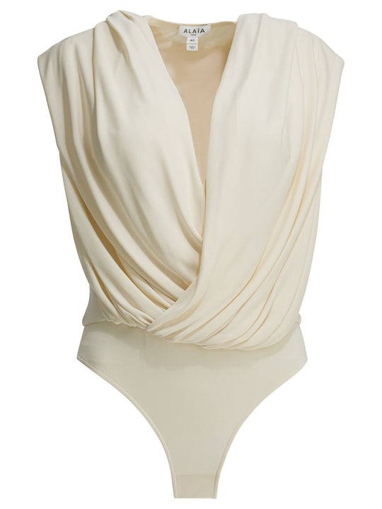 Draped Bodysuit With Hood Tops White