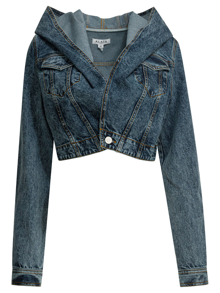 AlaïA Denim Jacket With Hood Jackets and Coats - Light blue | 12966687e1843c04c13a66586f682067a3a5a8b7