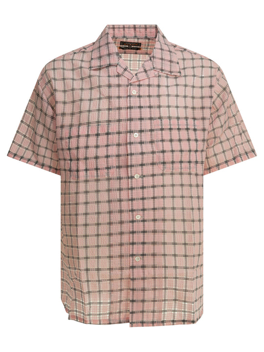 Open Collar Nylon Airy Plaid Shirts Pink
