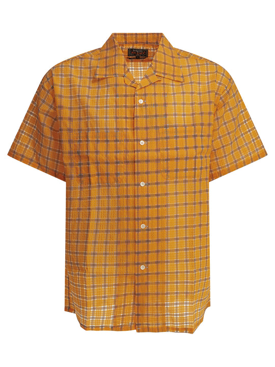 Open Collar Nylon Airy Plaid Shirts Orange