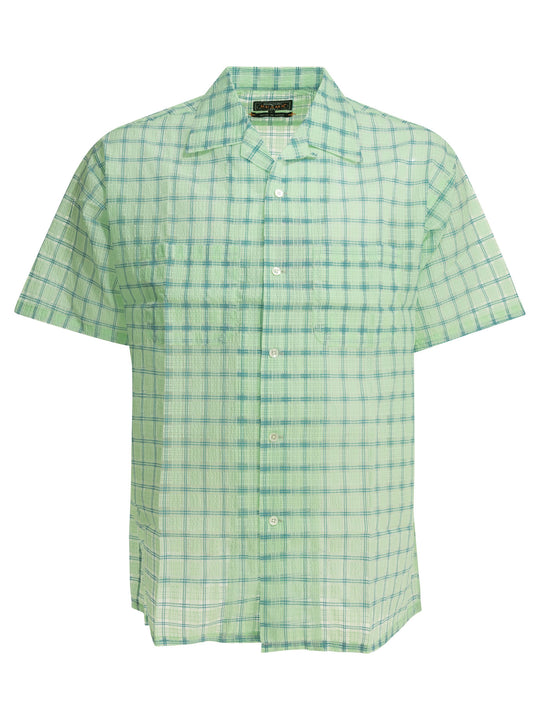 Open Collar Nylon Airy Plaid Shirts Green