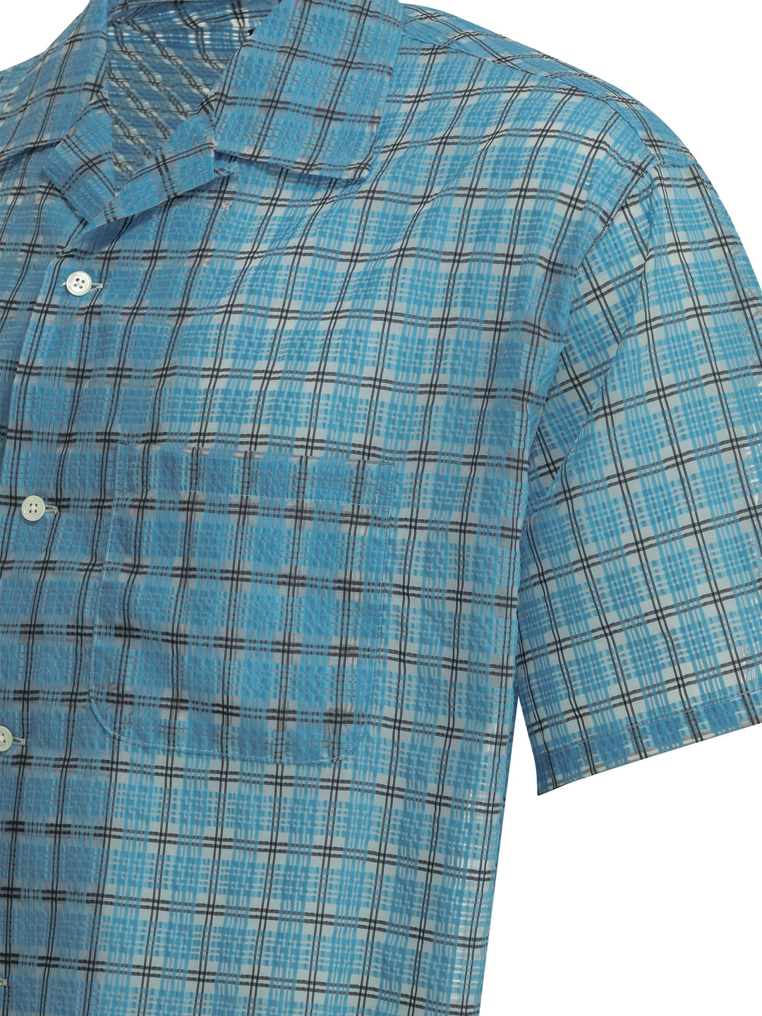 Beams Plus Open Collar Nylon Airy Plaid Shirts - Light blue | d427fdcab2a00365620696cb787b56db0b5138fc