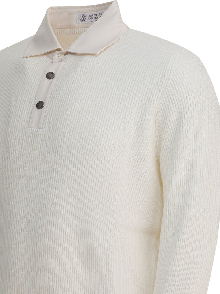 Brunello Cucinelli Ribbed Knit Polo Shirt Knitwear - White | 8217dff18ecb6984a0d8f6e8b30d653a966923d9