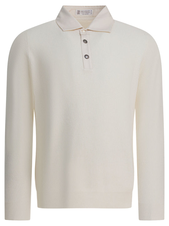 Ribbed Knit Polo Shirt Knitwear White