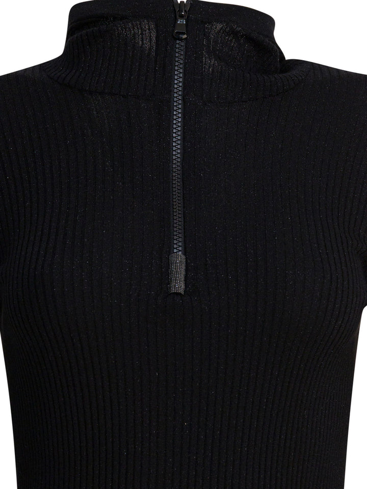 Brunello Cucinelli Sweater With Hood And Half Zipper Knitwear - Black | b565f915774364f4bee0d71b96b265d65b65bd75