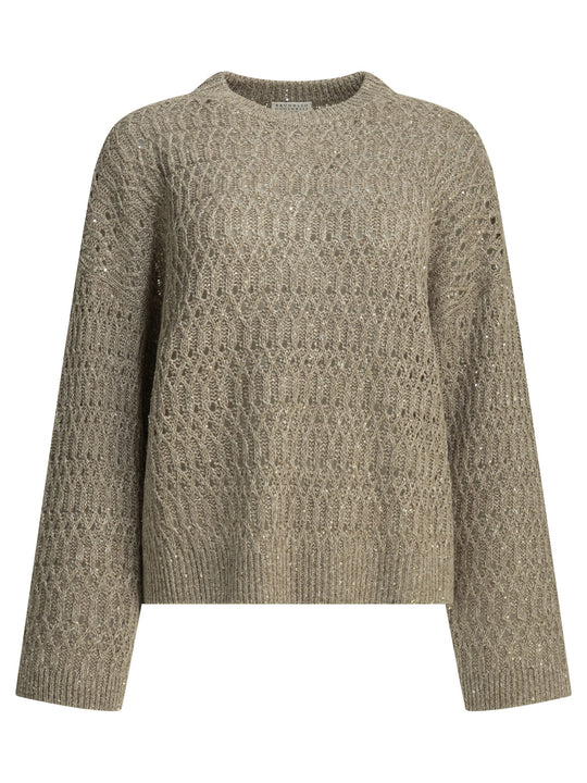Crewneck Sweater With Sequins Knitwear Beige