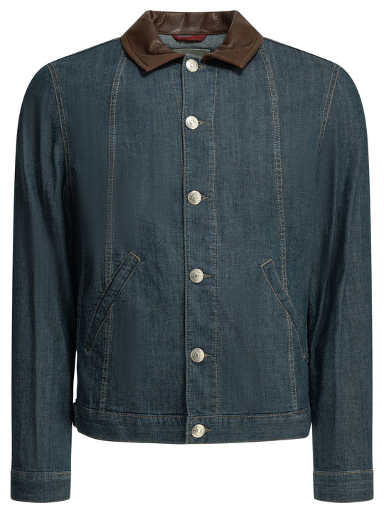 Denim Jacket With Leather Collar Jackets And Coats Blue