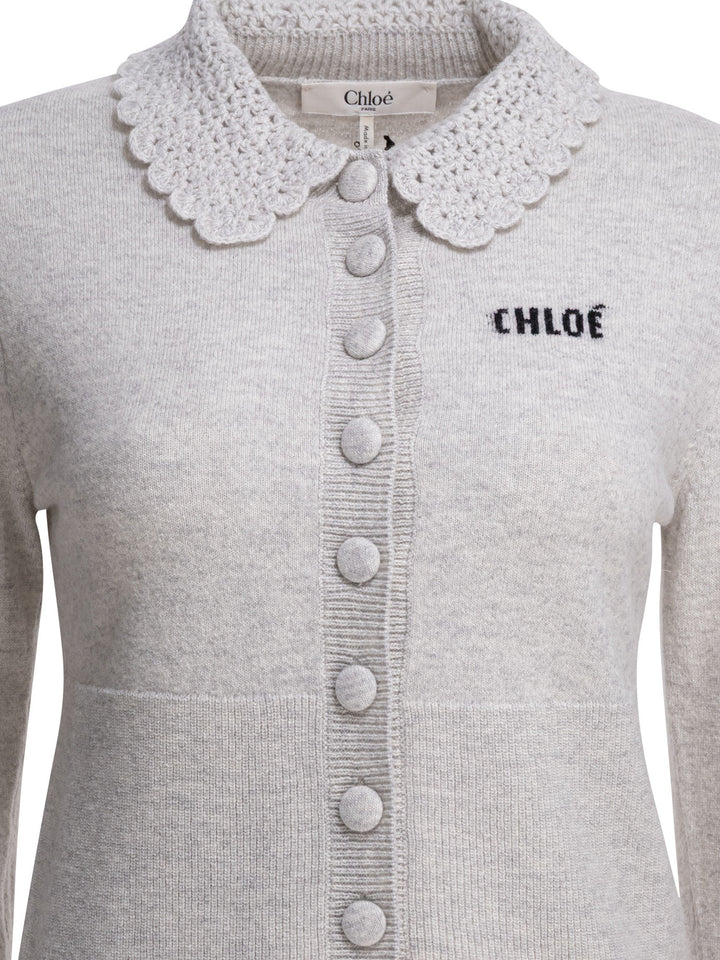 Chloé Wool Cardigan With Logo Knitwear - Grey | 962c34db64af7e529a7dd2e9c70210ad2992c820