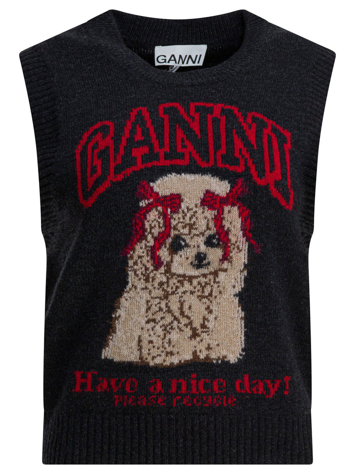 Ganni Wool Vest With Logo Knitwear - Black | 678b2cf3d238137c4ed62705f3b840107a3369a6