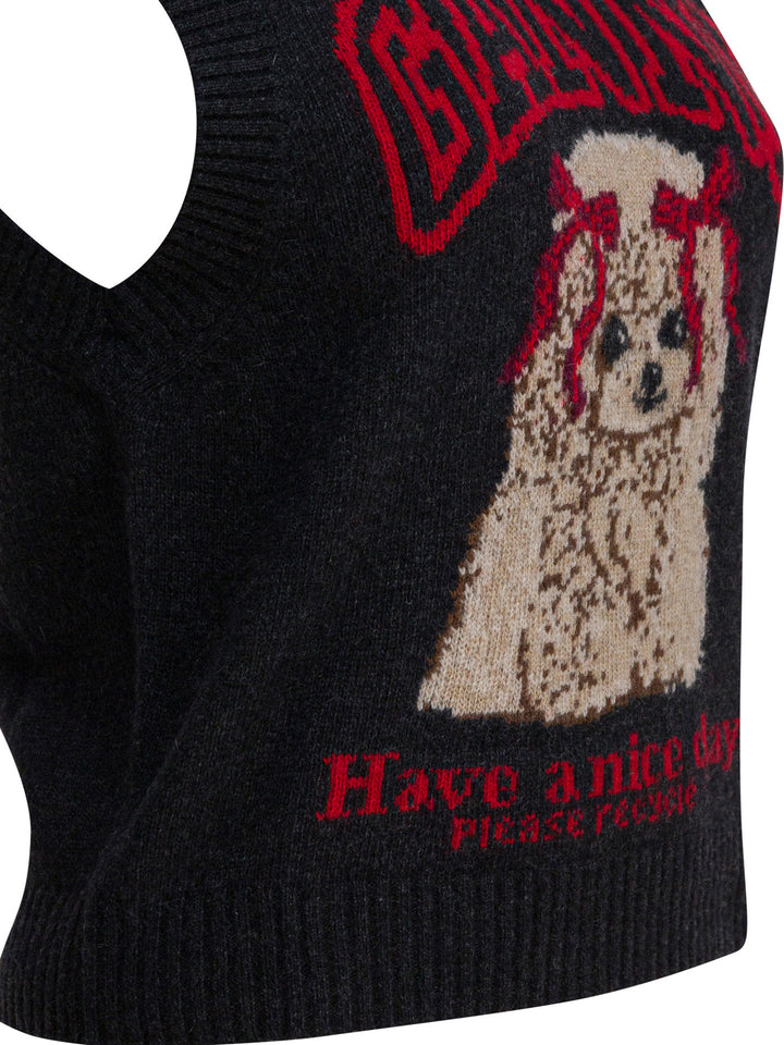 Ganni Wool Vest With Logo Knitwear - Black | ac280dfa9c1e52d871fa0411d177752272a1834c