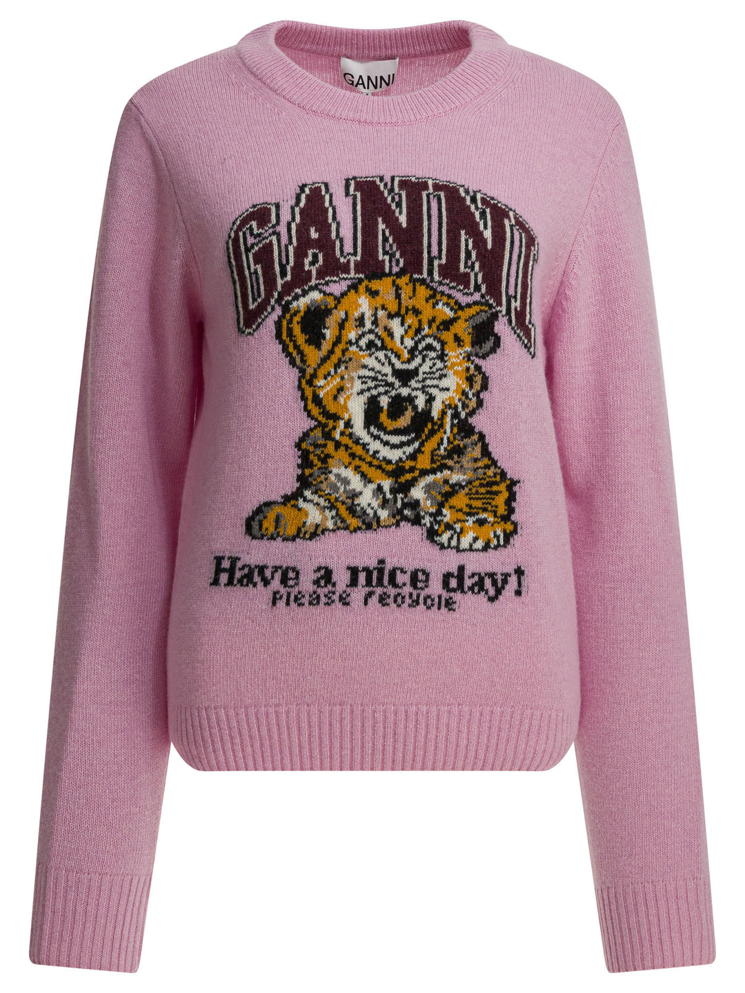 Ganni Wool Sweater With Print Knitwear - Pink | 34788cdd86c5a63ced0cd365bb3d40795db1fb32
