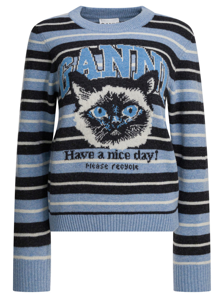 Ganni Wool Sweater With Print Knitwear - Light blue | 5326d5d6ceb9ffd2fe6a46a4c490f482b376d5a6
