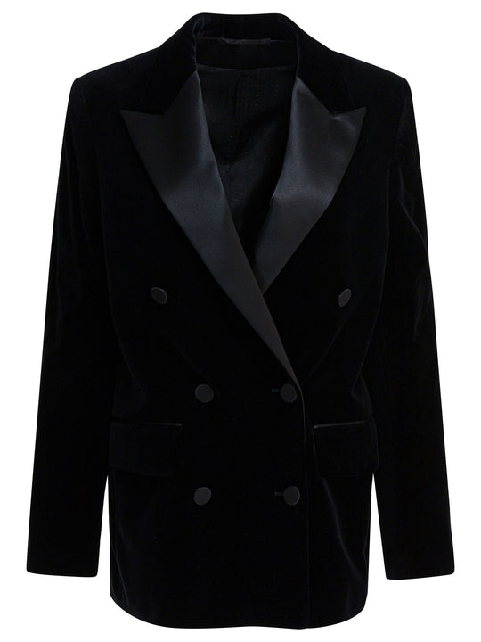 Velvet And Satin Double-Breasted Blazer Jackets And Coats Black
