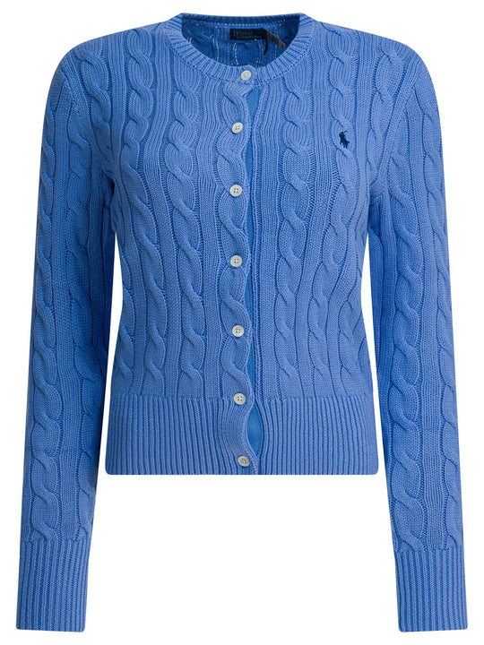 Braided Crewneck Cardigan With Logo Knitwear Light Blue