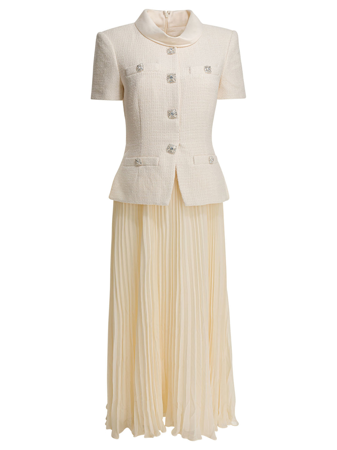 Self-Portrait Boucle Midi Dress With Pleated Skirt Dresses - White | 53755ed6e8f13fe2aeefc55f8c746adb5c3f0d25