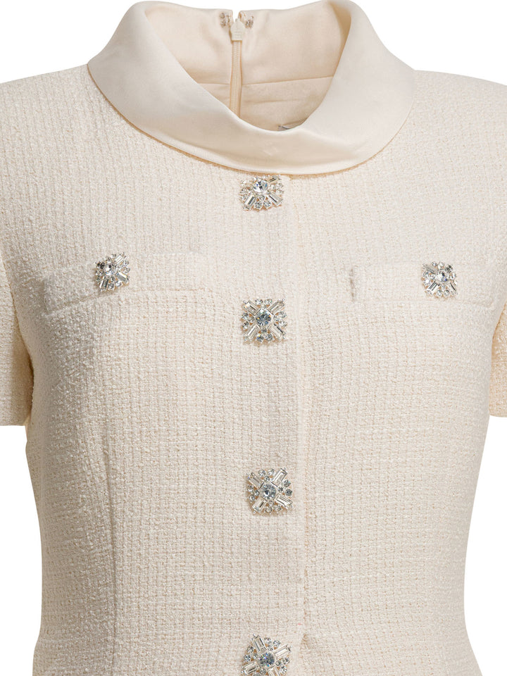 Self-Portrait Boucle Midi Dress With Pleated Skirt Dresses - White | 911274d3f5e79e84ab15b58748fcc9e7b06a5850