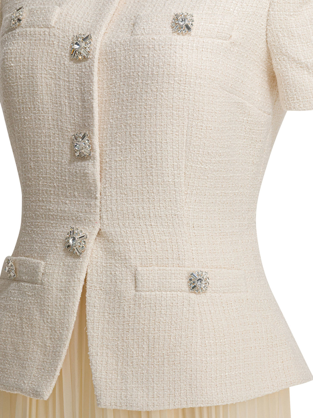 Self-Portrait Boucle Midi Dress With Pleated Skirt Dresses - White | 7260fdb3dd519fef2903a0bf73cf32af4b382555