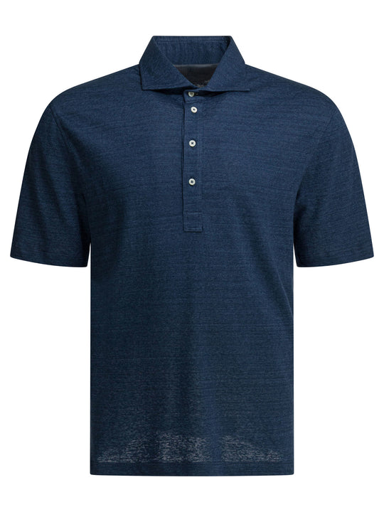 Linen And Cotton Button-Down Polo Shirt Polo Shirts Blue