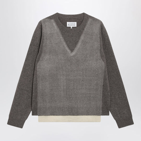 Crewneck Lambswool Sweater In Mud And Ecru