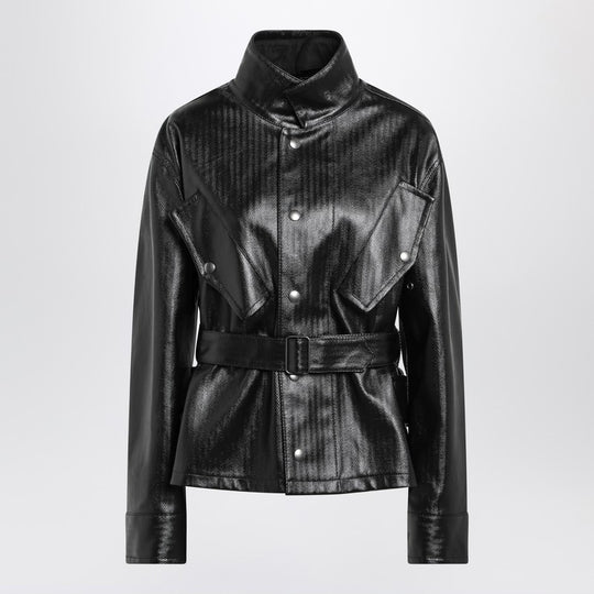 Black Cotton Laminated Belted Jacket