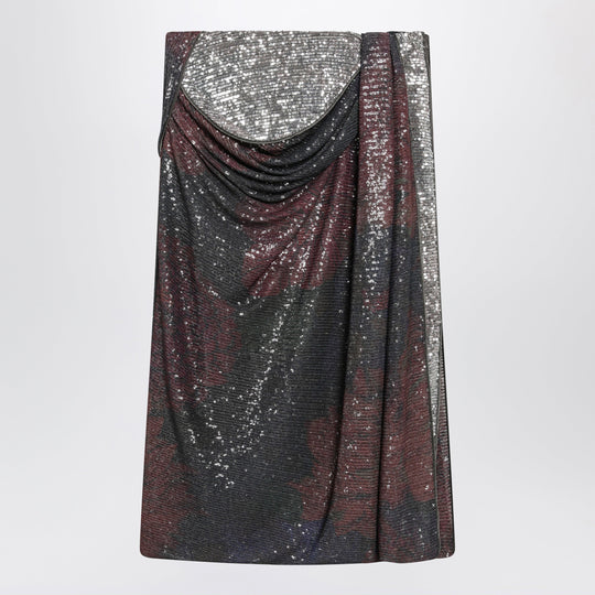 Printed Draped Sequin Maxi Skirt In Blue And Burgundy