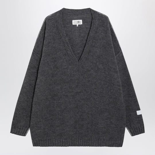 Grey Mélange Oversized V-Neck Knit Sweater