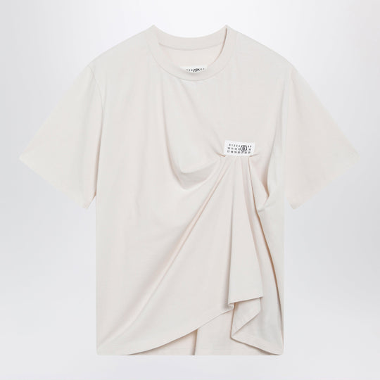 Écru Draped T-Shirt With Logo Patch