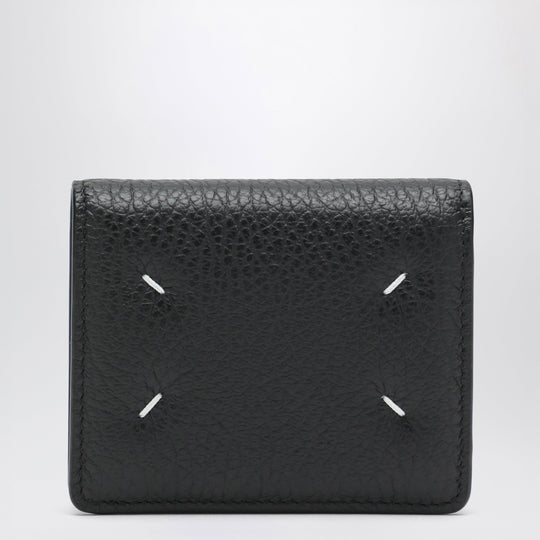 Four Stitches Compact Grained Leather Card Holder In Black
