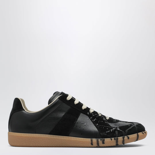 Replica Paint-Splattered Calfskin And Suede Sneakers, Black