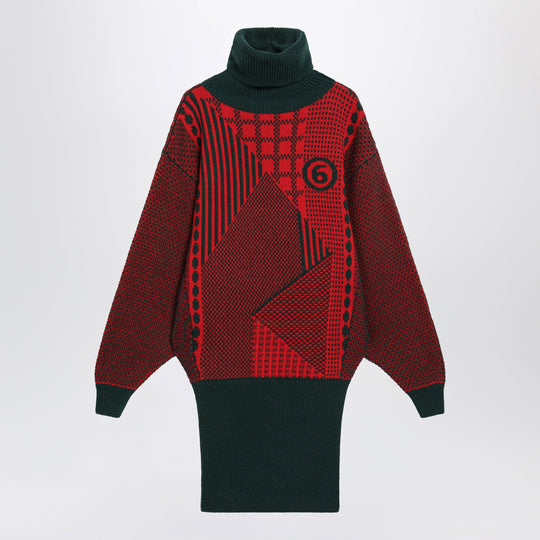 Red/Forest Green Jacquard Knit Mini Dress In Wool