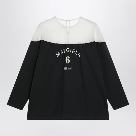 Black Top With Logo Print And Sheer Insert