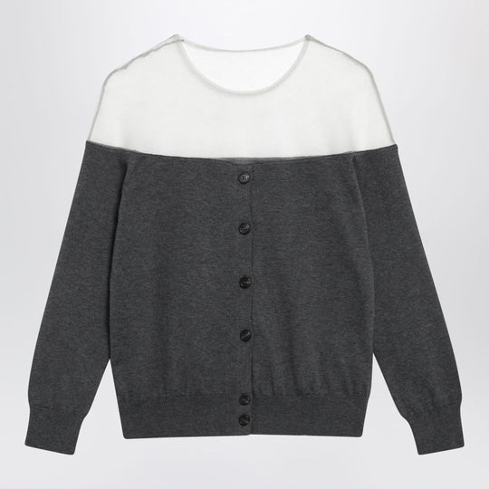 Knit Cardigan With Sheer Yoke In Cotton Dark Grey