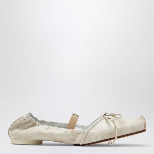 Light Beige Square-Toe Calfskin Ballerina Flats