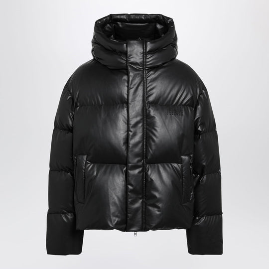 Hooded Down Jacket In Glossy Leather Black