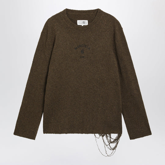 Crew-Neck Sweater In Khaki/Black Wool Blend