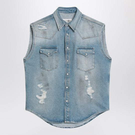 Faded Blue Vest With Rips