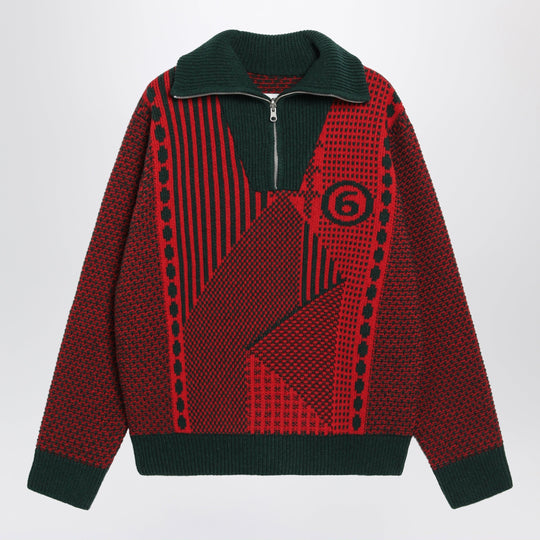 Red/Forest Green Wool Blend Jacquard Knit Sweater